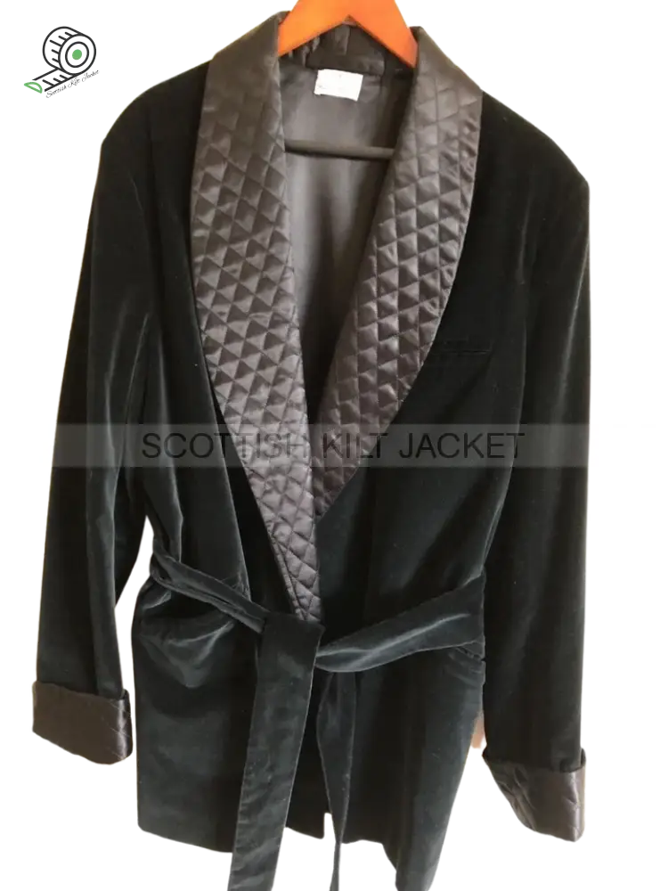 Men’s Black Velvet Quilted Coat For Evening Hosting Smoking Jackets