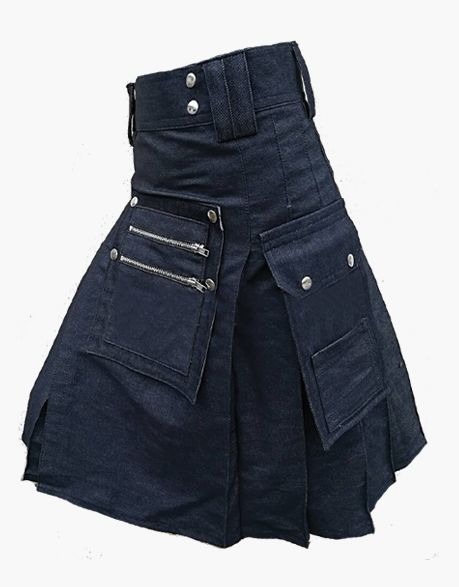 MEN'S DETACHABLE FRONT POCKET BLUE DENIM KILT