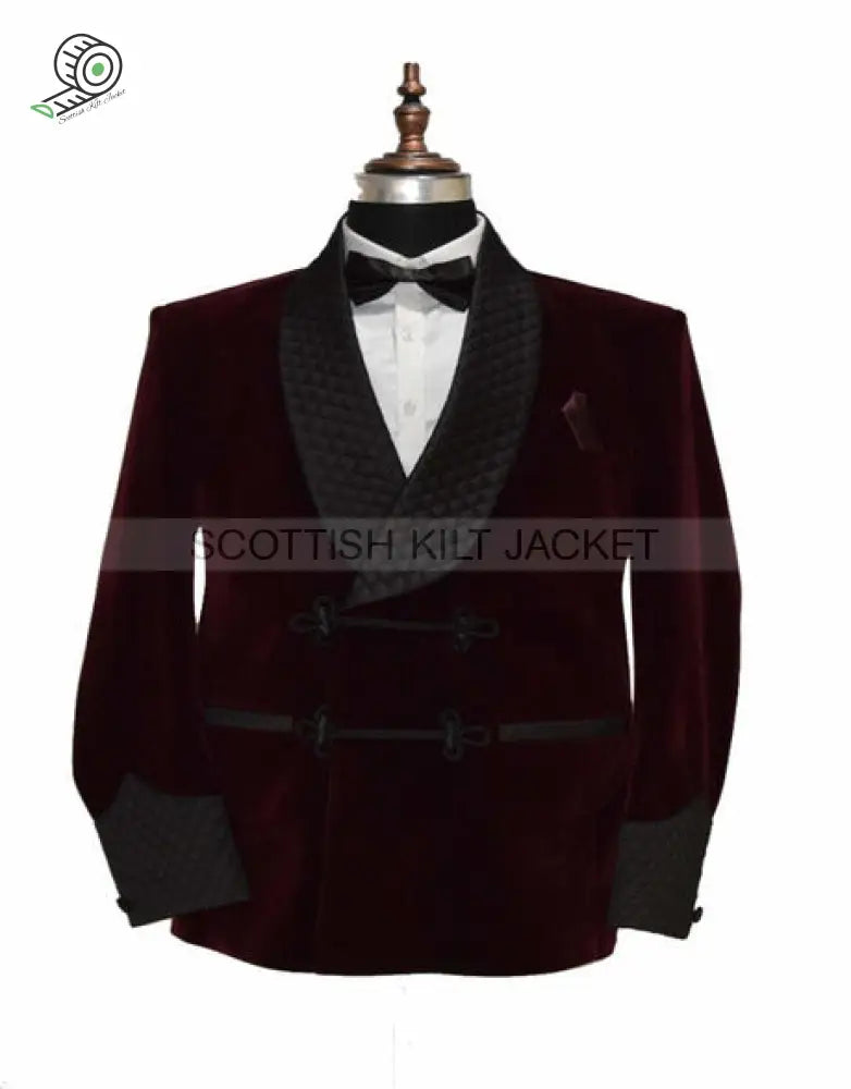 Men’s Burgundy Velvet Jacket With Quilting For Evening Events Smoking Jackets