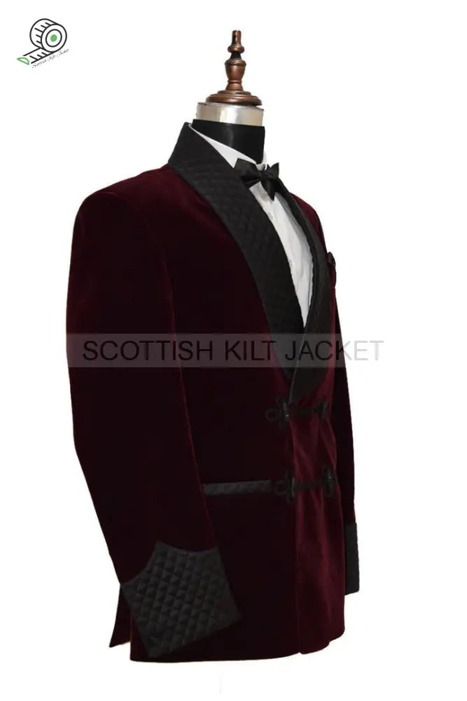 Men’s Burgundy Velvet Jacket With Quilting For Evening Events Smoking Jackets