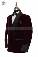 Men’s Burgundy Velvet Jacket With Quilting For Evening Events Smoking Jackets