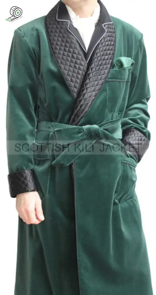 Men’s Green Velvet Quilted Dinner Coat Robe For Evening And Smoking Jackets