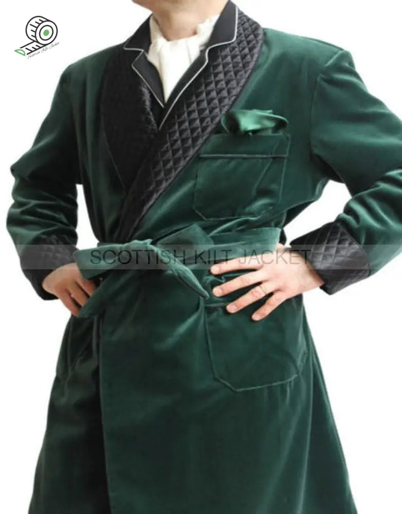 Men’s Green Velvet Quilted Dinner Coat Robe For Evening And Smoking Jackets