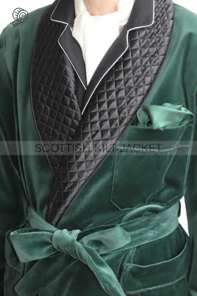 Men’s Green Velvet Quilted Dinner Coat Robe For Evening And Smoking Jackets