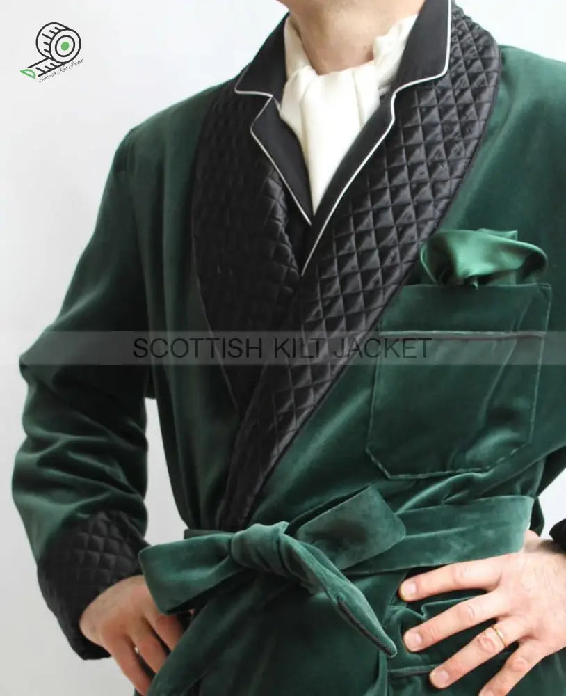 Men’s Green Velvet Quilted Dinner Coat Robe For Evening And Smoking Jackets