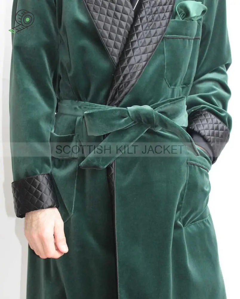 Men’s Green Velvet Quilted Dinner Coat Robe For Evening And Smoking Jackets