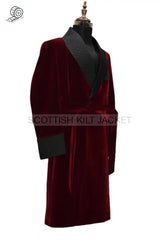 Men’s Long Robes And Coats With Burgundy Velvet Insets Smoking Jackets