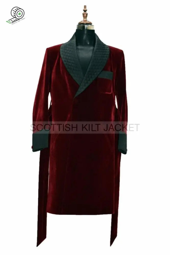 Men’s Long Robes And Coats With Burgundy Velvet Insets Smoking Jackets