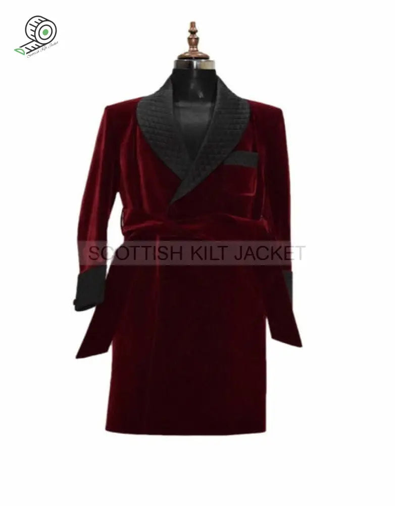 Men’s Long Robes And Coats With Burgundy Velvet Insets Smoking Jackets