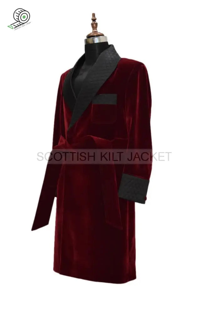 Men’s Long Robes And Coats With Burgundy Velvet Insets Smoking Jackets