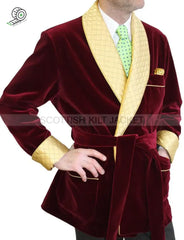 Men’s Maroon Velvet Quilted Blazer Smoking Jackets