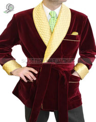 Men’s Maroon Velvet Quilted Blazer Smoking Jackets