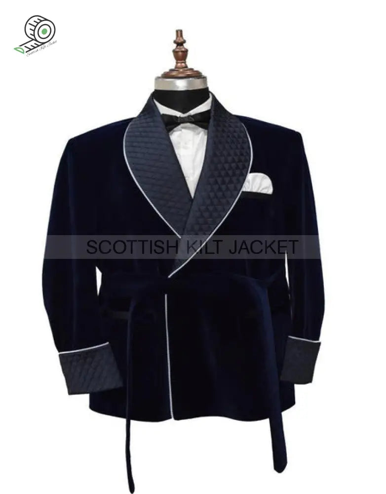 Men’s Navy Blue Velvet Blazers With Quilted Jackets Smoking