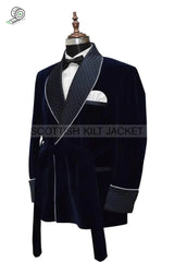 Men’s Navy Blue Velvet Blazers With Quilted Jackets Smoking