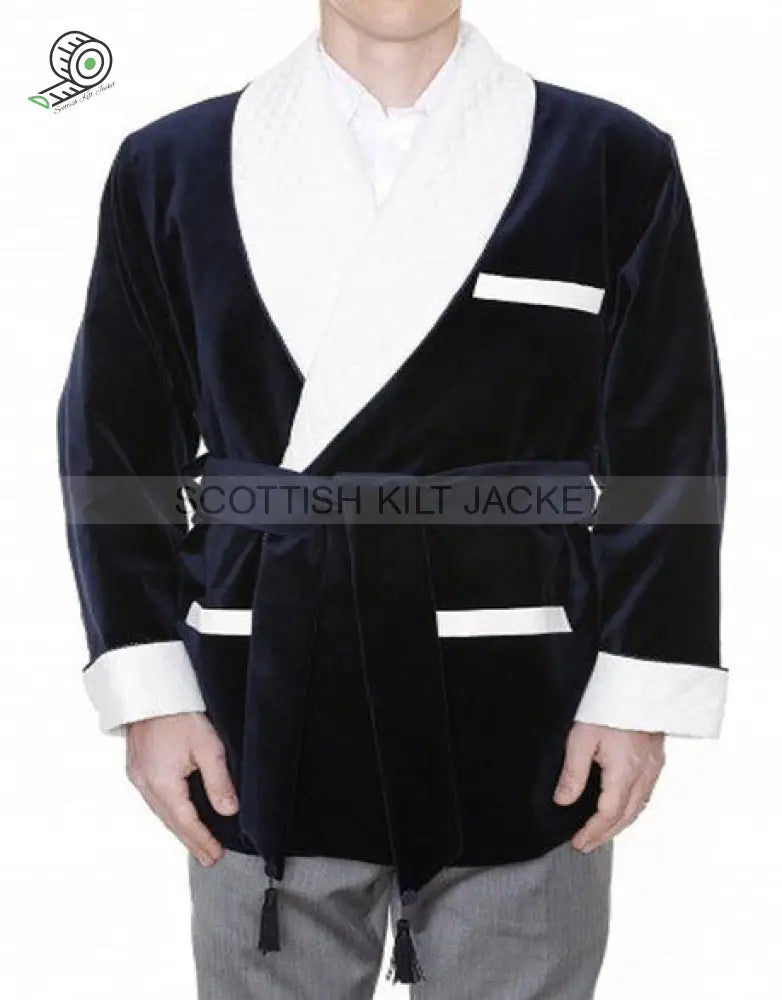 Men’s Navy Velvet Quilted Dinner Coat Smoking Jackets