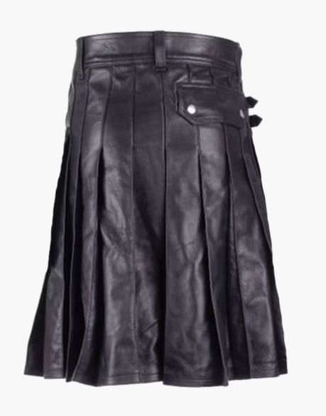 MEN'S DETACHABLE POCKET PURE BLACK LEATHER UTILITY KILT - Scottish Kilt Jacket™ USA-UK