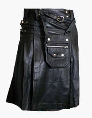 MEN'S DETACHABLE POCKET PURE BLACK LEATHER UTILITY KILT - Scottish Kilt Jacket™ USA-UK