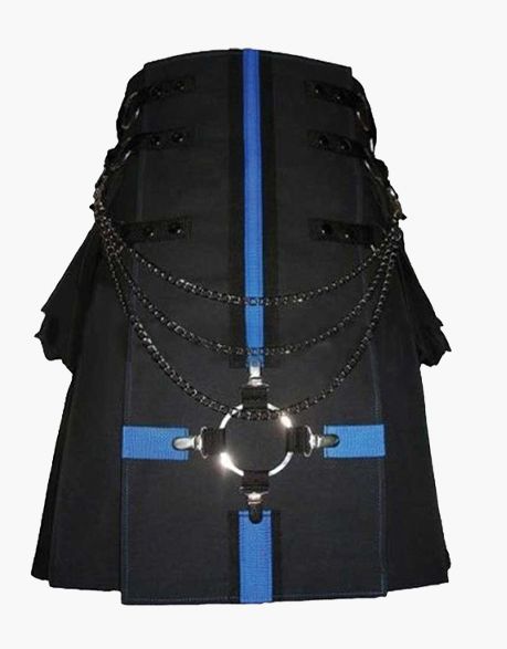 BLUE-STRAPPED MODERN BLACK GOTHIC UTILITY KILT