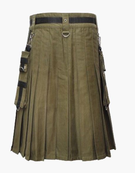 A utility kilt in olive green color with black nylon straps - Scottish Kilt Jacket™ USA-UK