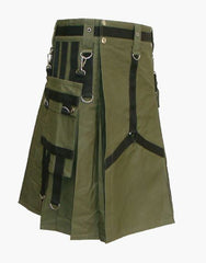 A utility kilt in olive green color with black nylon straps - Scottish Kilt Jacket™ USA-UK