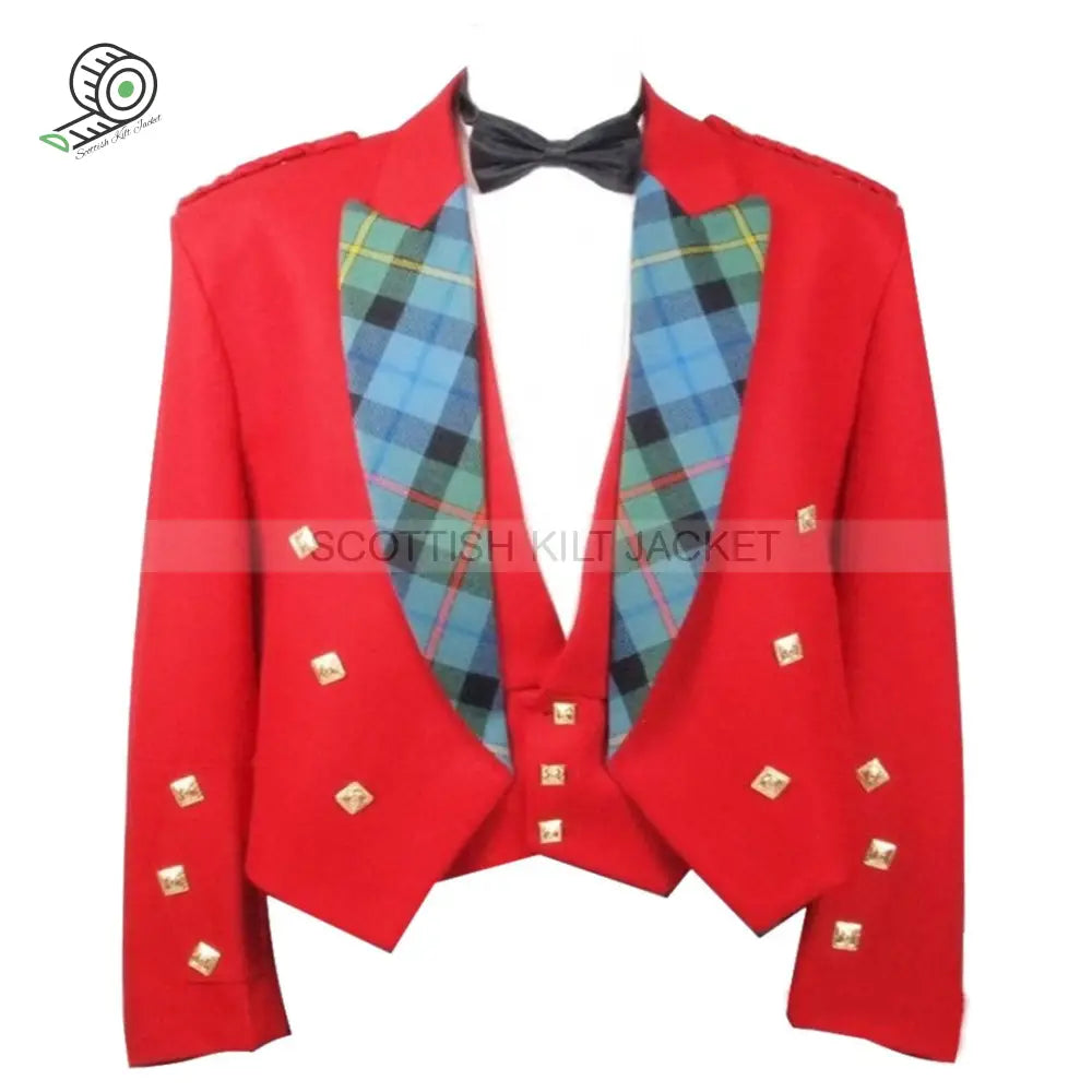 Red Prince Charlie Jacket With Tartan Lapels And Three Button Vest Jackets