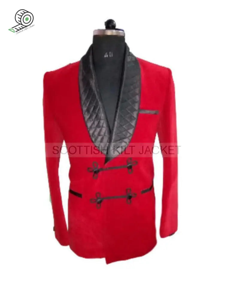 Stylish Red Velvet Quilted Evening Jacket Smoking Jackets