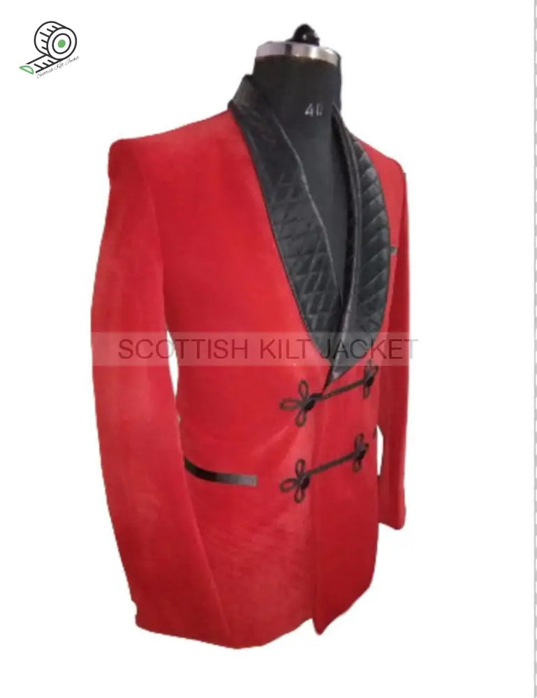 Stylish Red Velvet Quilted Evening Jacket Smoking Jackets