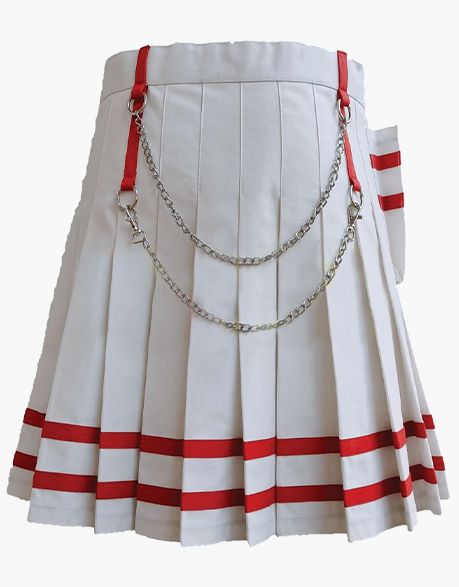 RED-STRAPPED WOMEN'S WHITE UTILITY MINI KILT - Scottish Kilt Jacket™ USA-UK