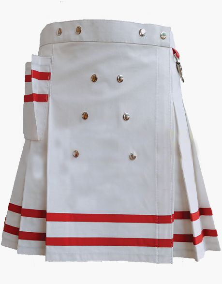 RED-STRAPPED WOMEN'S WHITE UTILITY MINI KILT - Scottish Kilt Jacket™ USA-UK