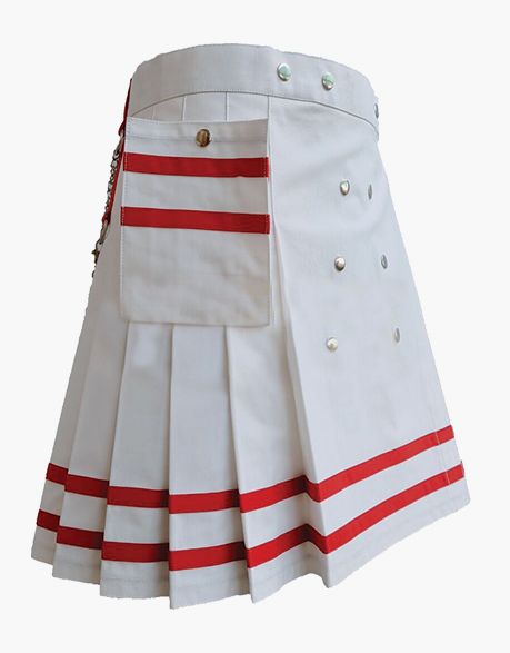 RED-STRAPPED WOMEN'S WHITE UTILITY MINI KILT - Scottish Kilt Jacket™ USA-UK